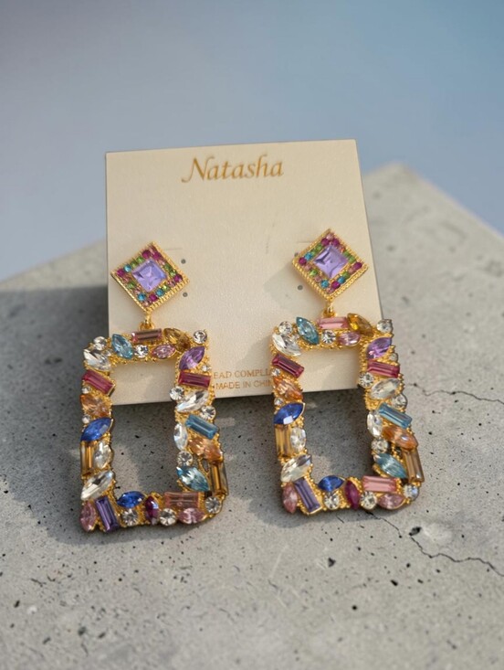 Natasha Couture Jewelry - Natasha Couture NWT Gold Multi-Colored Crystal Rectangular Drop Earrings